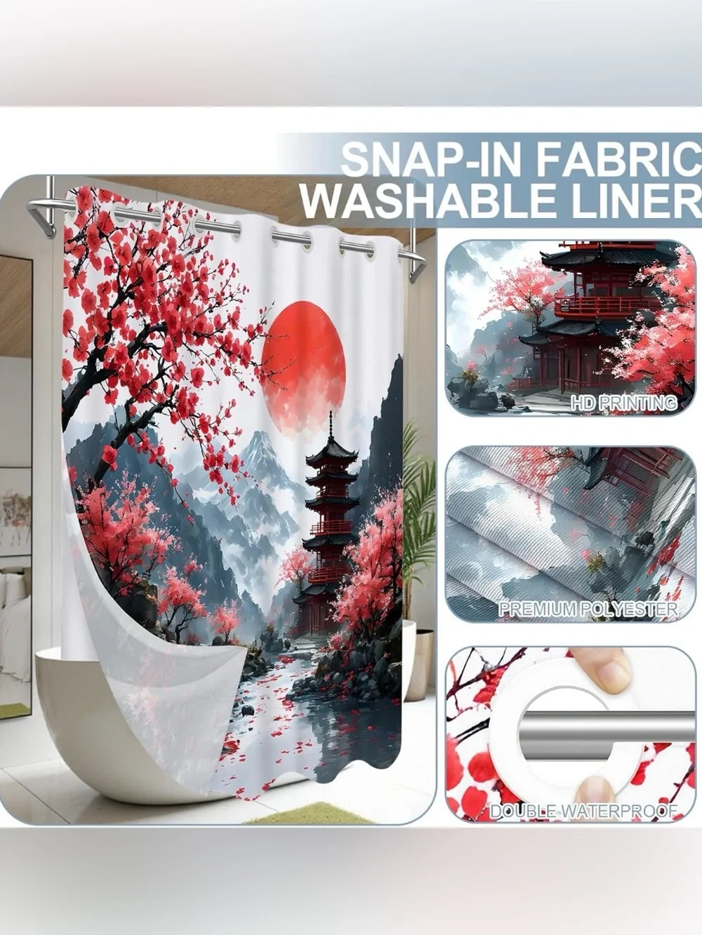 No Hook Japanese Anime Shower Curtain with Snap in Liner - Picture 6 of 7